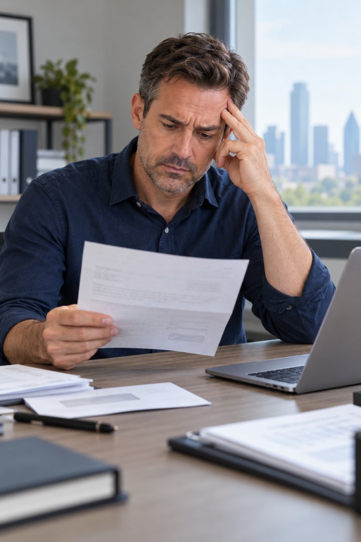 Worried business owner reading a letter from the IRS